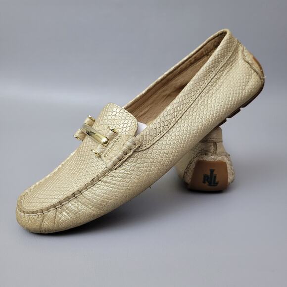 Lauren Ralph Lauren Loafers 10 Caliana Leather Gold Snake Embossed Driving - Picture 1 of 16